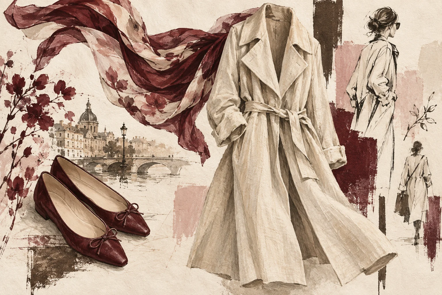 Linen coat, burgundy flats and a flowing scarf in a painted fashion composition