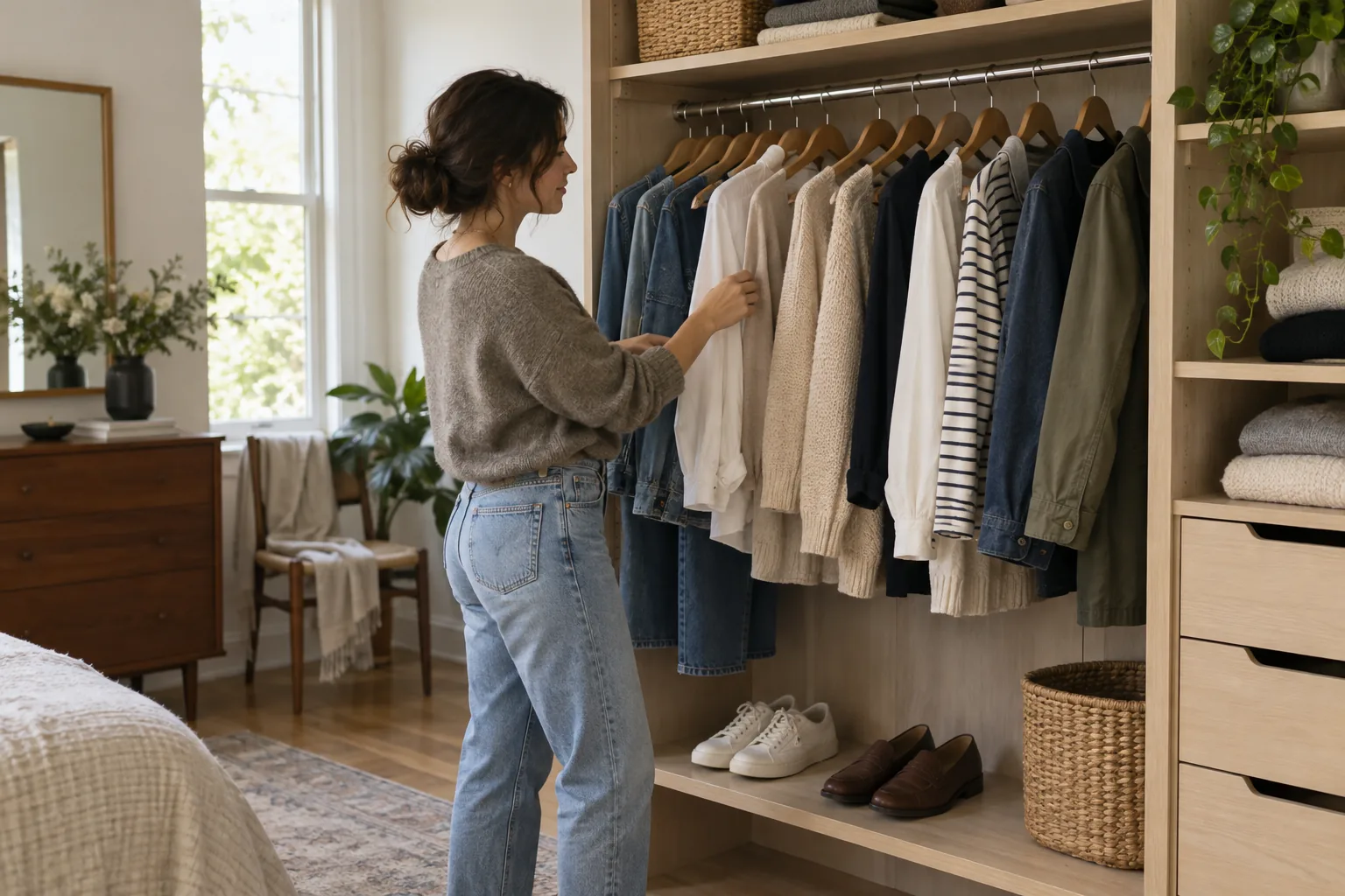 A thoughtfully organized small wardrobe of frequently worn neutral clothes: denim, cotton shirts, knitwear and a simple jacket, all on wooden hangers, with two pairs of shoes below.