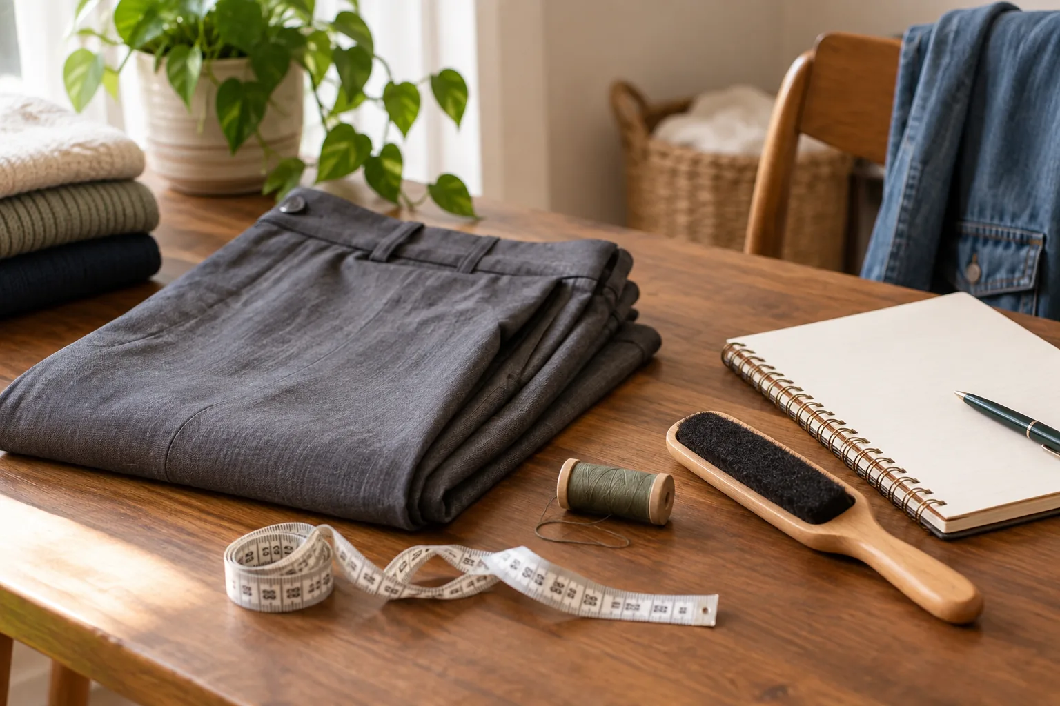 A neatly folded pair of trousers beside a sewing tape, spool of thread, lint brush and a blank notebook on a wooden table, suggesting clothing alterations and garment care budgeting.