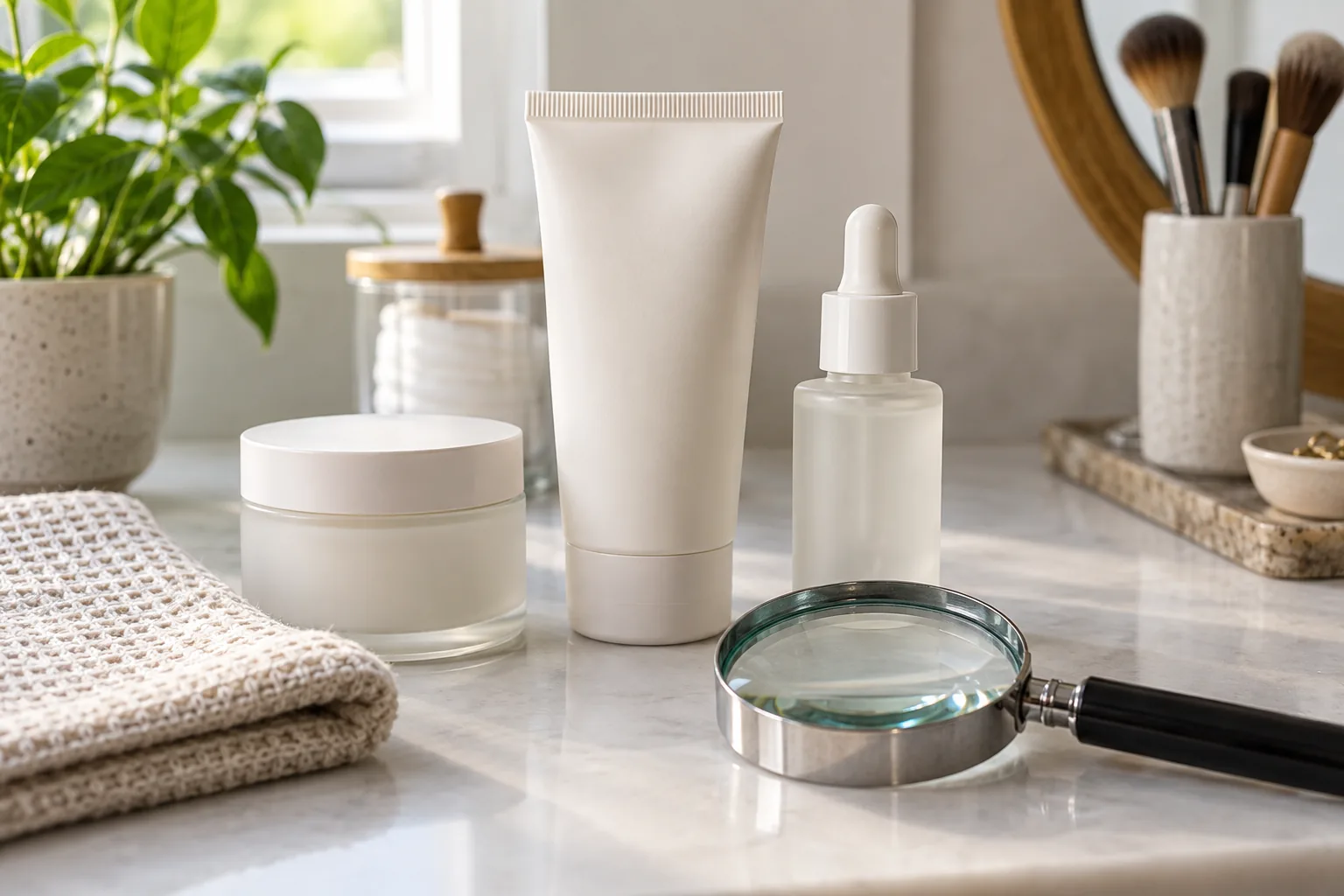 Close-up still life of three unbranded cosmetic containers with simple blank packaging surfaces beside a magnifying glass and folded cotton cloth on a clean vanity.