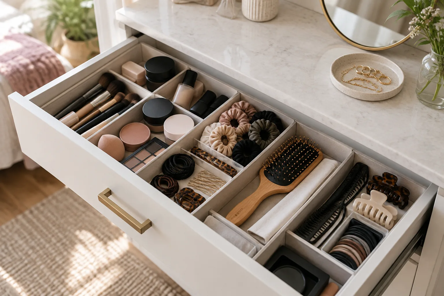 An organized vanity drawer with clean makeup brushes, closed simple cosmetic containers, a hairbrush and accessories sorted into modest compartments by occasion.
