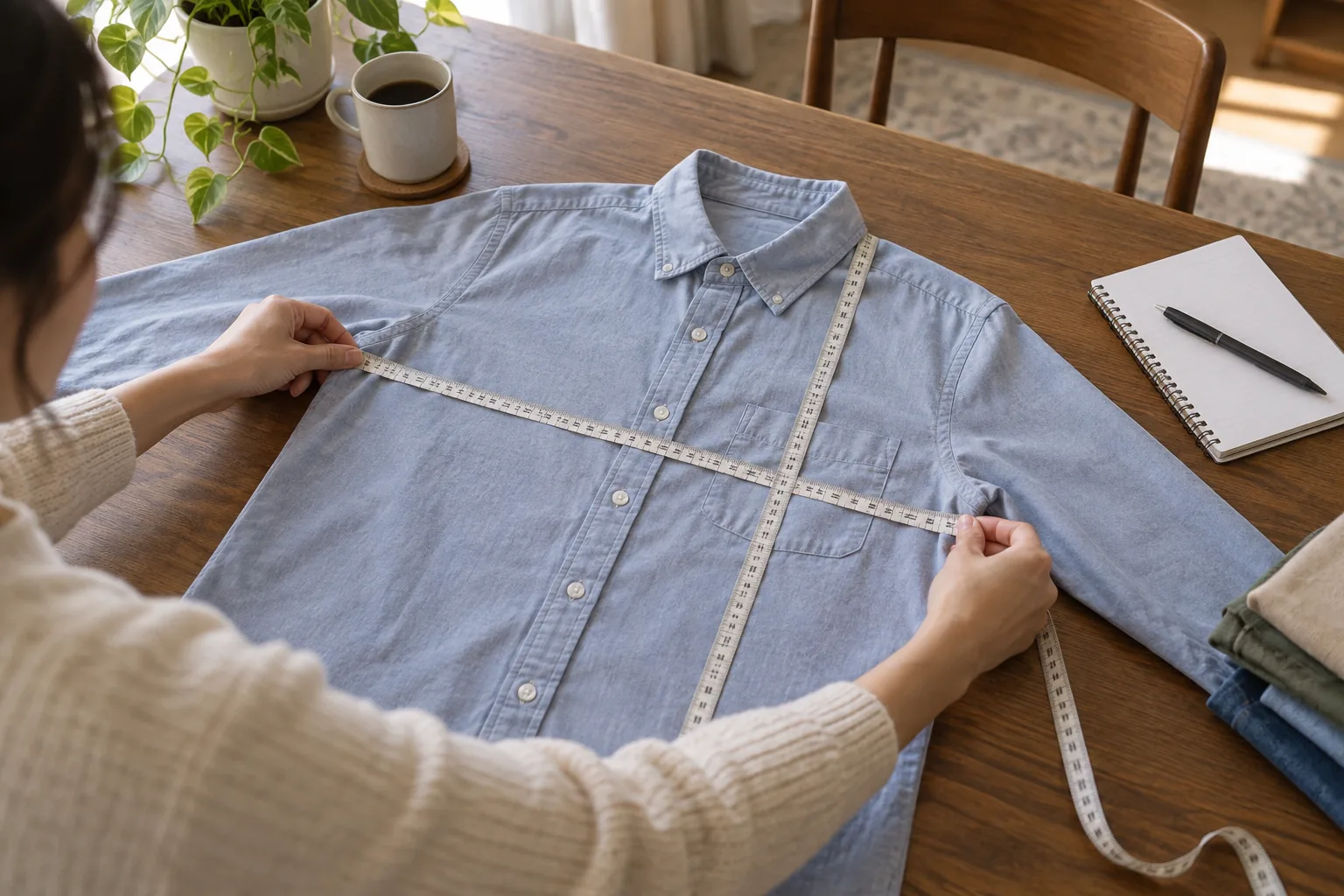 A plain cotton shirt lying flat on a table with flexible sewing tape placed across the chest and another measurement along its length, subtle notebook nearby.