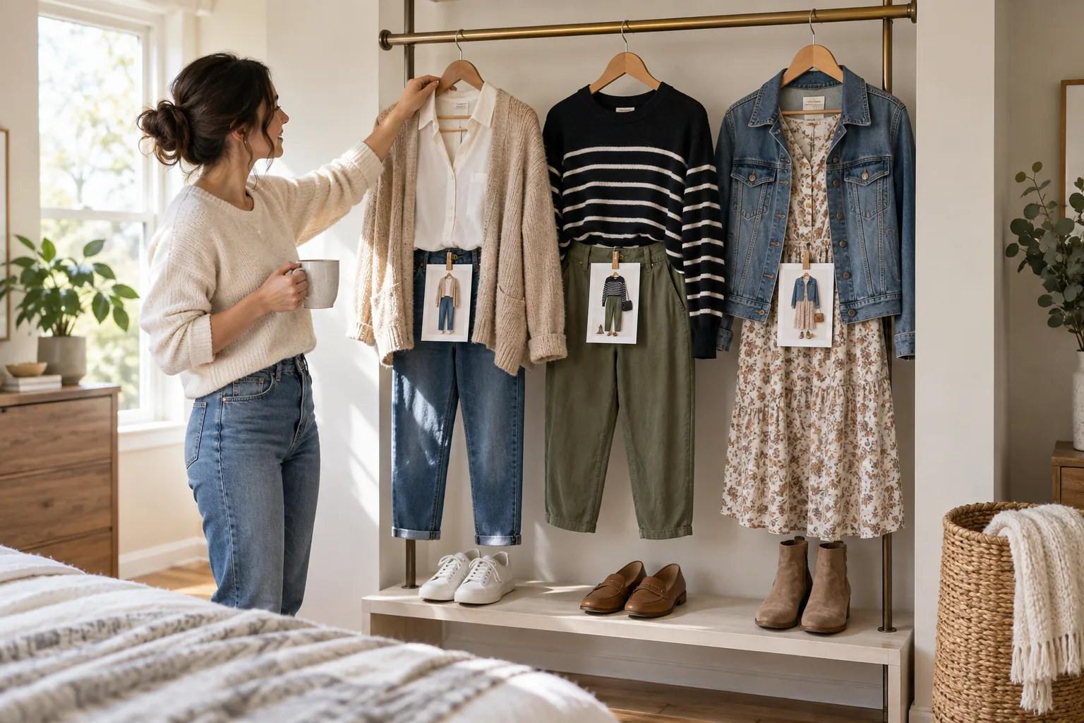 Three coordinated clothing outfits arranged on hangers along a short wardrobe rail, with small unmarked reference cards clipped below and comfortable shoes on shelf.